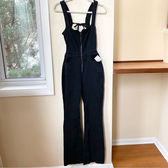 NWT Free People CRVY 2nd Ave One Piece Denim Flare Jumpsuit in Black Panther 0 - Picture 11 of 15